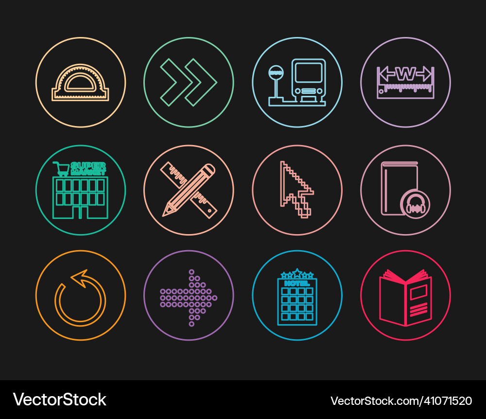 Set line open book audio bus stop crossed ruler Set line open book audio bus stop crossed ruler vector image