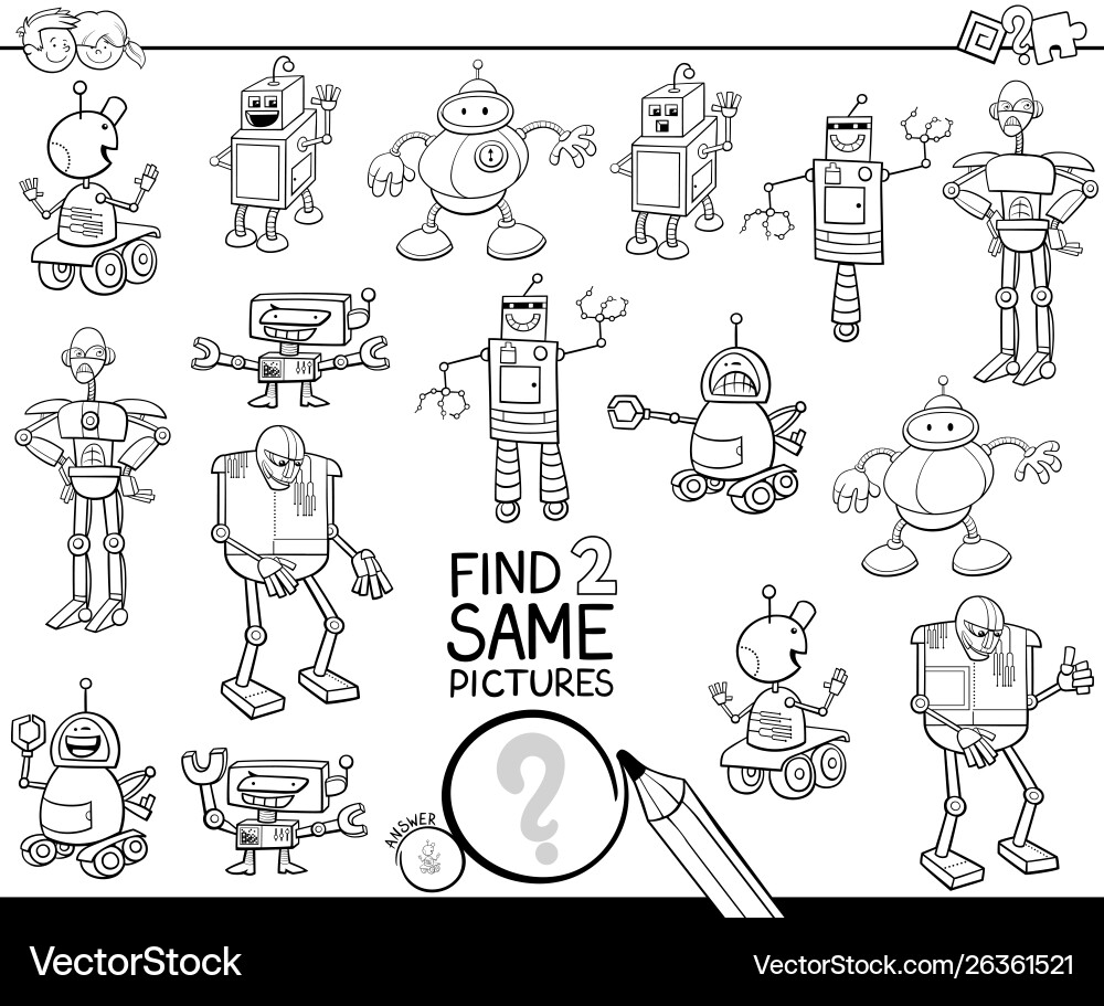 Find two same robots coloring book Find two same robots coloring book vector image