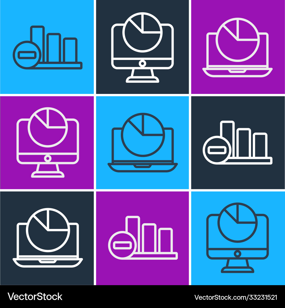 Set line pie chart infographic laptop with graph vector image