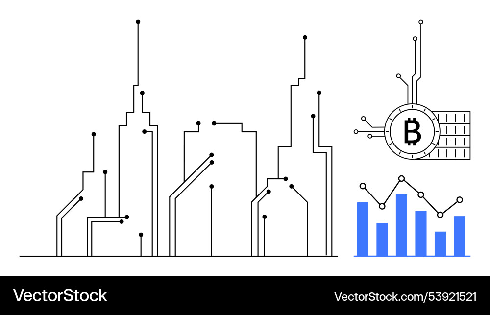 Tech cityscape with bitcoin and bar chart Tech cityscape with bitcoin and bar chart vector image