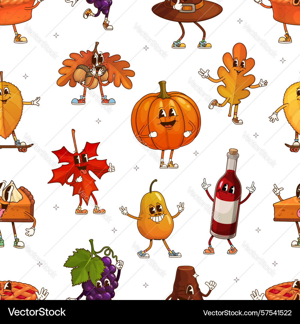 Groovy thanksgiving characters seamless pattern vector image