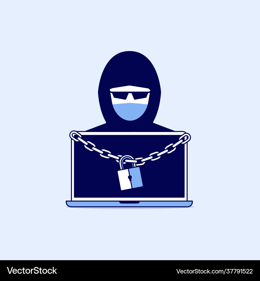 Hacker mit Laptop Informationen gesperrt Kette Hacker mit Laptop Informationen gesperrt Kette Vektorbild