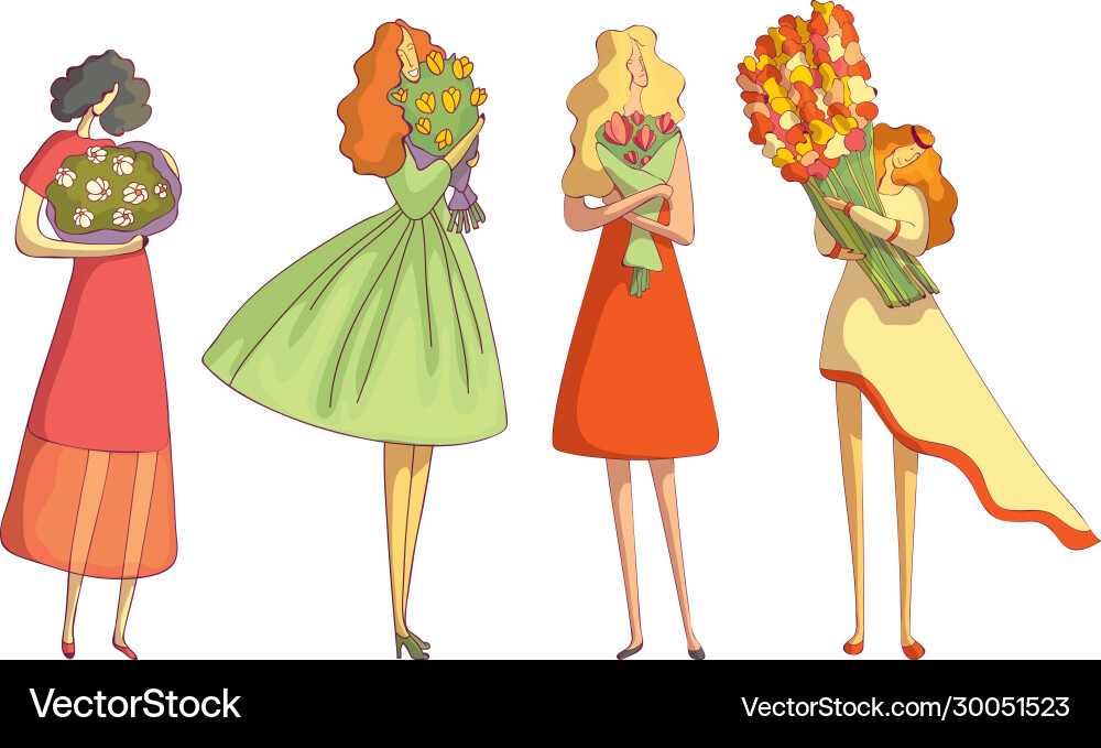 Junge Frauen in Kleidern mit Blumenstrauß Junge Frauen in Kleidern mit Blumenstrauß vektorbild