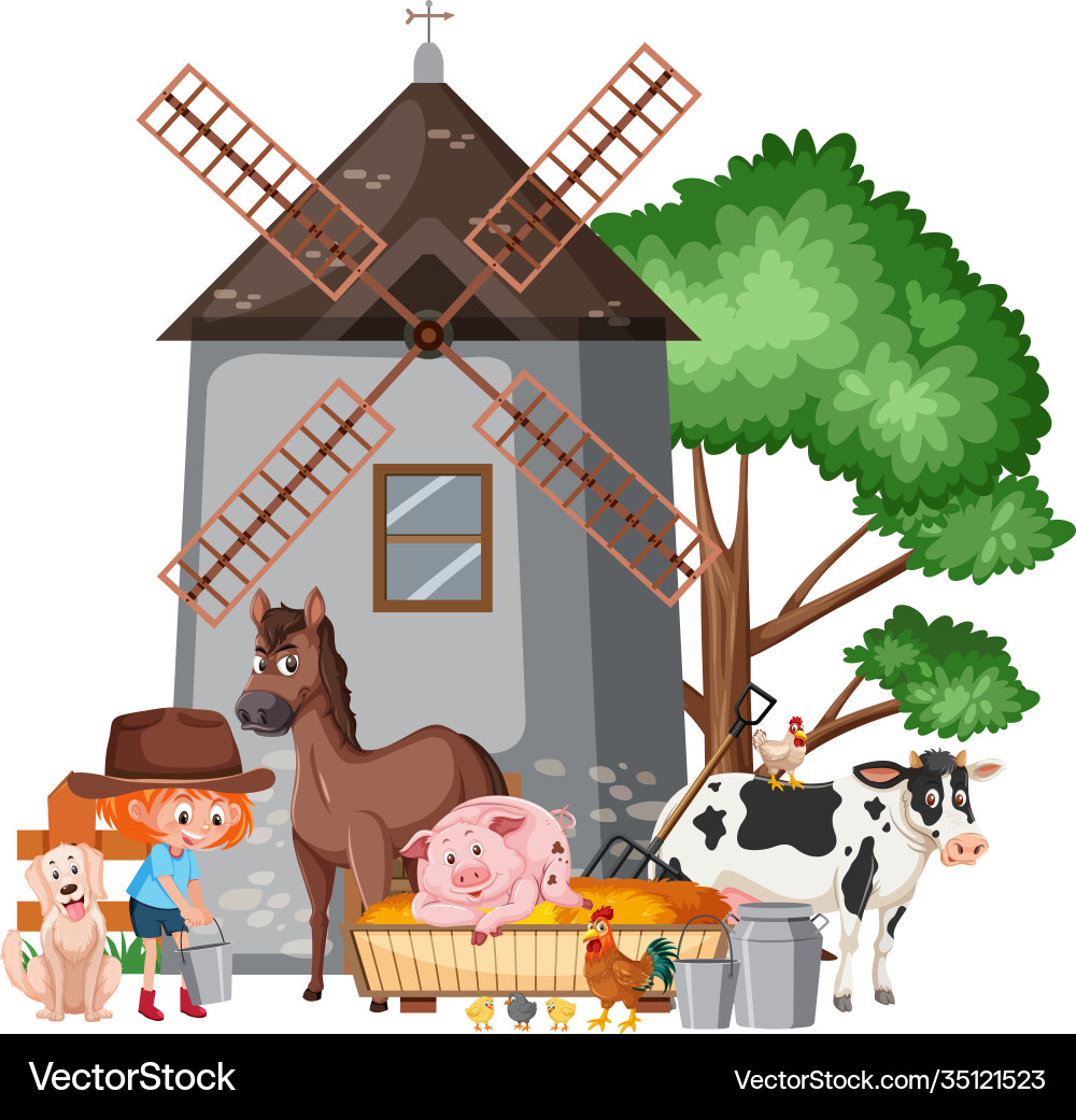 Szene mit Farmgirl Füttern viele Tiere Szene mit Farmgirl Füttern viele Tiere vektorbild