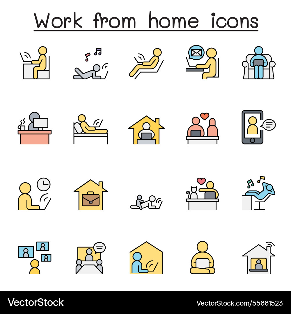 Working at home icon set in color line style Working at home icon set in color line style vector image