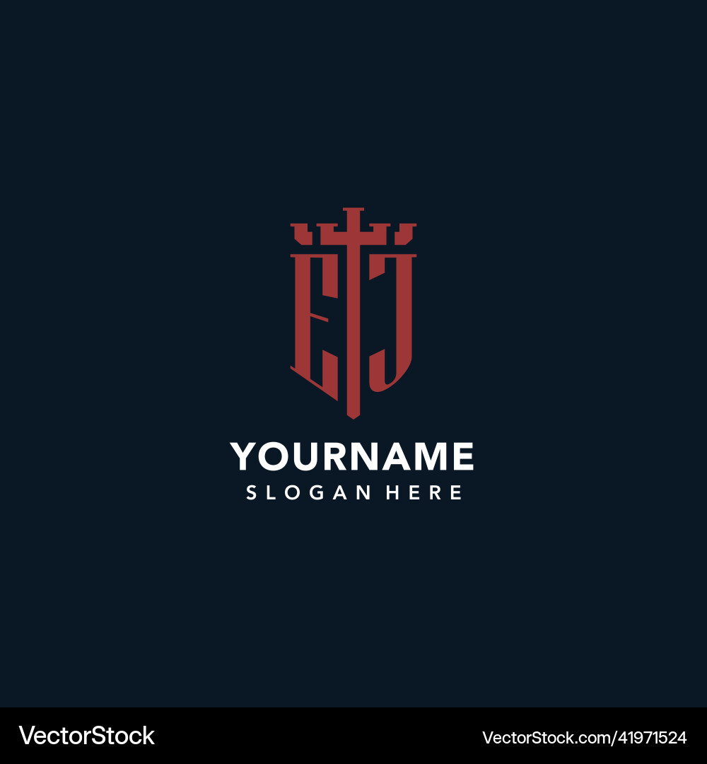 Ej initial monogram logos with sword and shield Ej initial monogram logos with sword and shield Vector Image