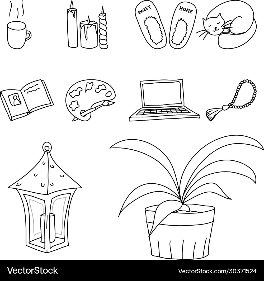 Set 10 elements for cozy home cup coffee candle Set 10 elements for cozy home cup coffee candle vector image