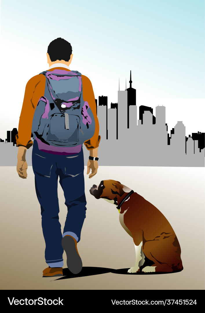 Young man with dog on city background Vector Image