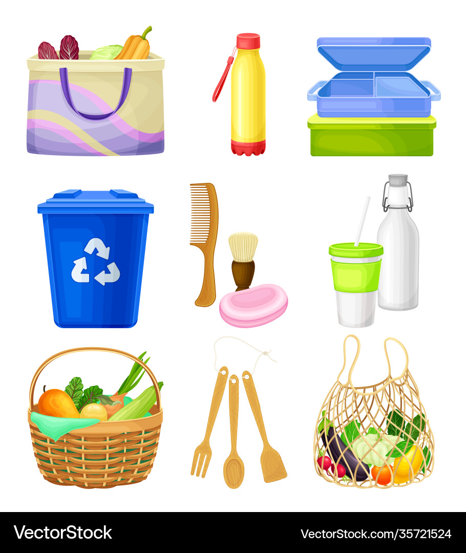 Zero waste everyday items with purchase bag Zero waste everyday items with purchase bag vector image