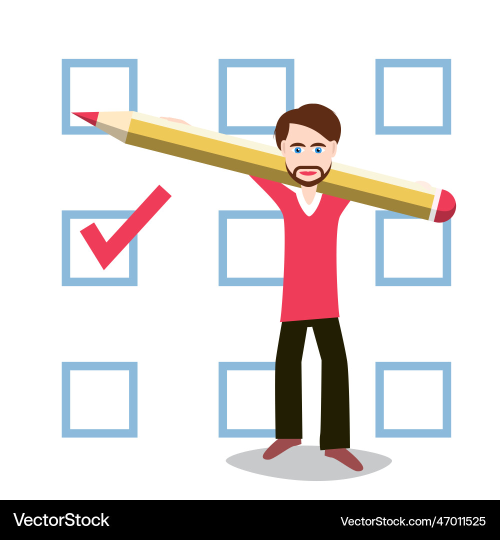 Man holding pencil with checkbox on background Man holding pencil with checkbox on background vector image