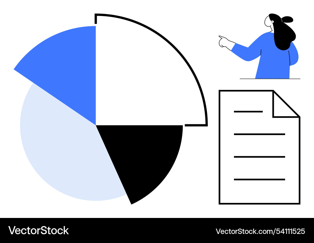 Woman presenting data with pie chart and document Woman presenting data with pie chart and document Vector Image