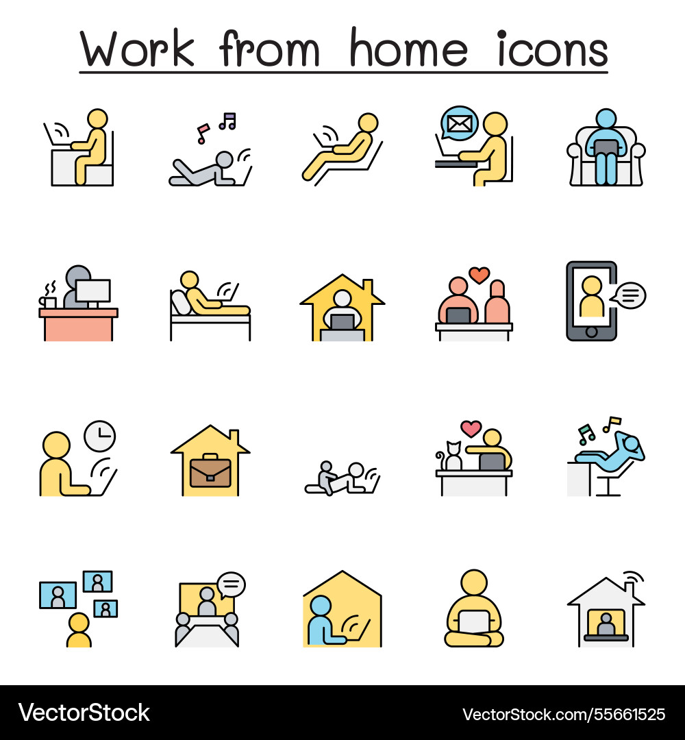 Working at home icon set in flat color style Working at home icon set in flat color style vector image