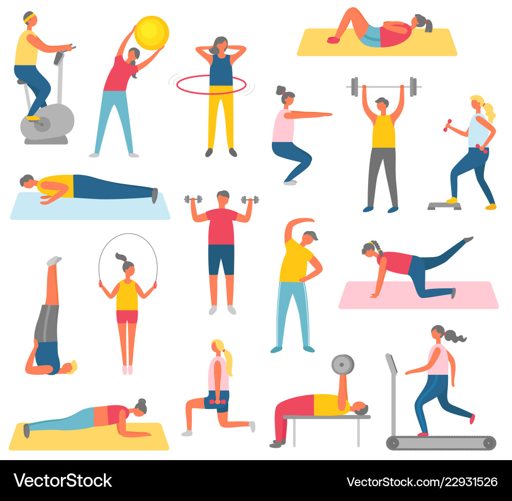 Characters doing fitness with sport equipment Characters doing fitness with sport equipment vector image