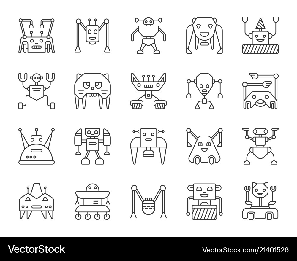 Robot simple black line icons set Robot simple black line icons set vector image