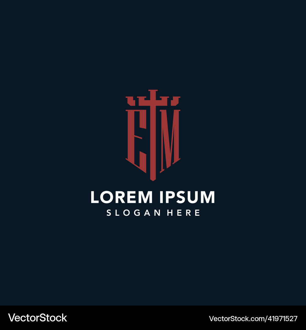 Em initial monogram logos with sword and shield Vector Image