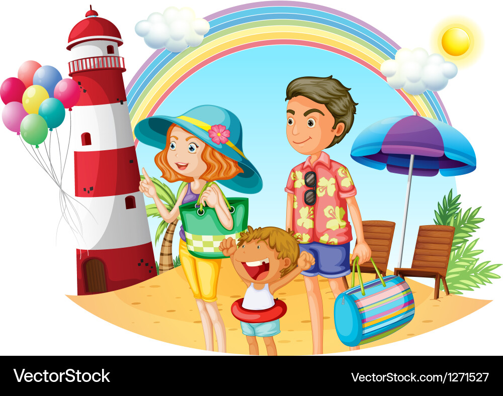 Family at the Beach with Lighthouse Vector Image