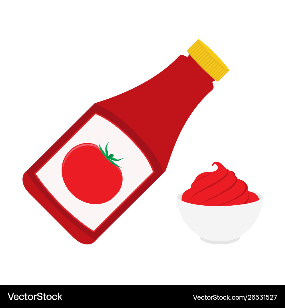 Ketchup Flasche und Tomaten in einer Schüssel Ketchup Flasche und Tomaten in einer Schüssel vektorbild