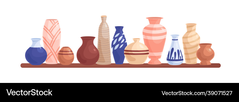 Pottery objects on shelf ceramic and porcelain vector image