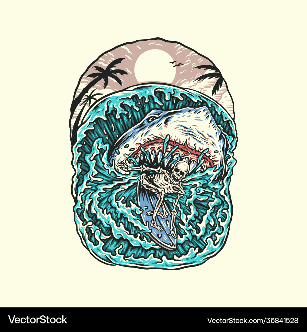 Sharks attack surfing skeleton Sharks attack surfing skeleton vector image