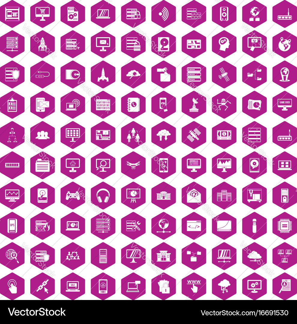 100 database and cloud icons hexagon violet vector image