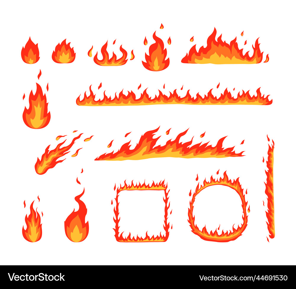 Fire flame cartoon bonfire and fiery borders Fire flame cartoon bonfire and fiery borders vector image