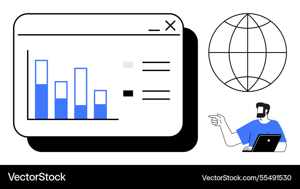 Man analyzing bar graph data on laptop with globe Man analyzing bar graph data on laptop with globe vector image