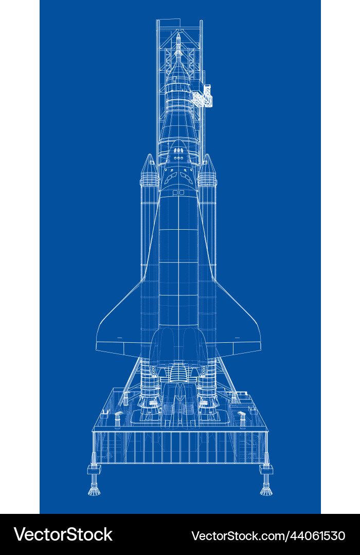 Space rocket on launch pad rendering of 3d vector image