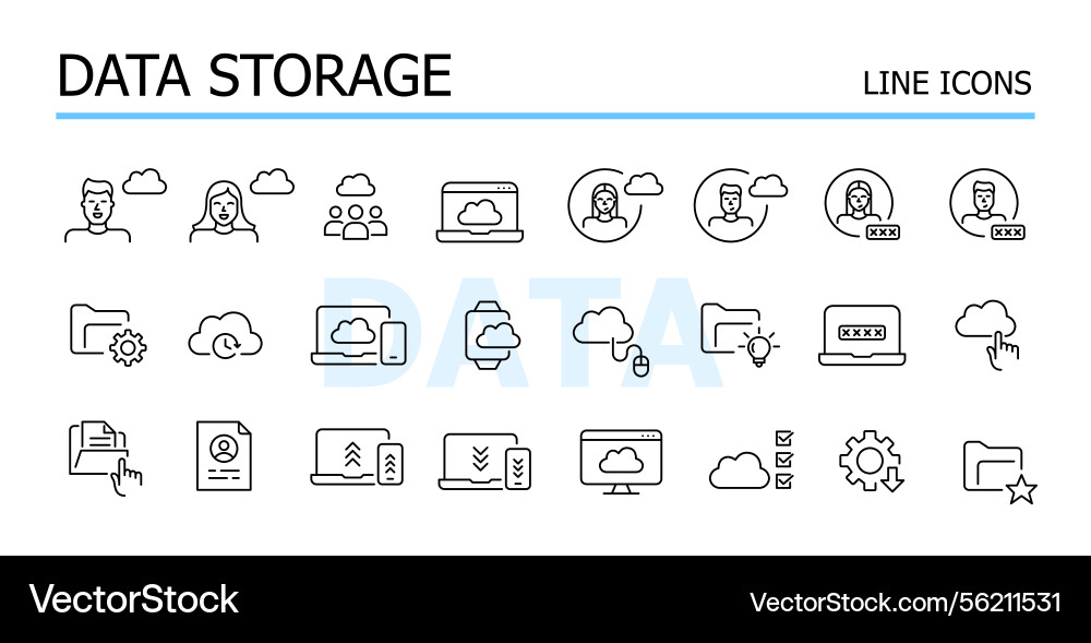 Data storage icons set cloud virtual file backup Data storage icons set cloud virtual file backup vector image