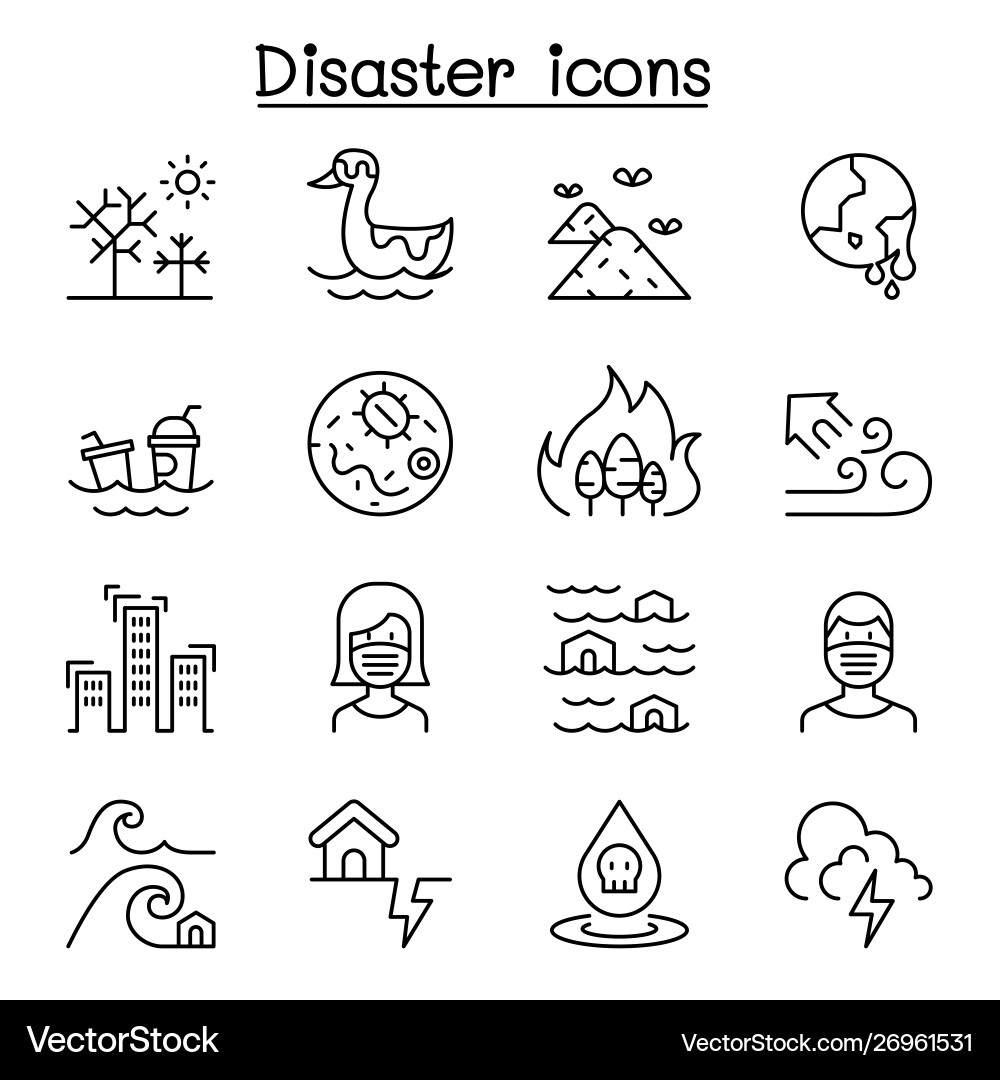 Disaster & Pollution Icon Set - Thin Line Vector Image