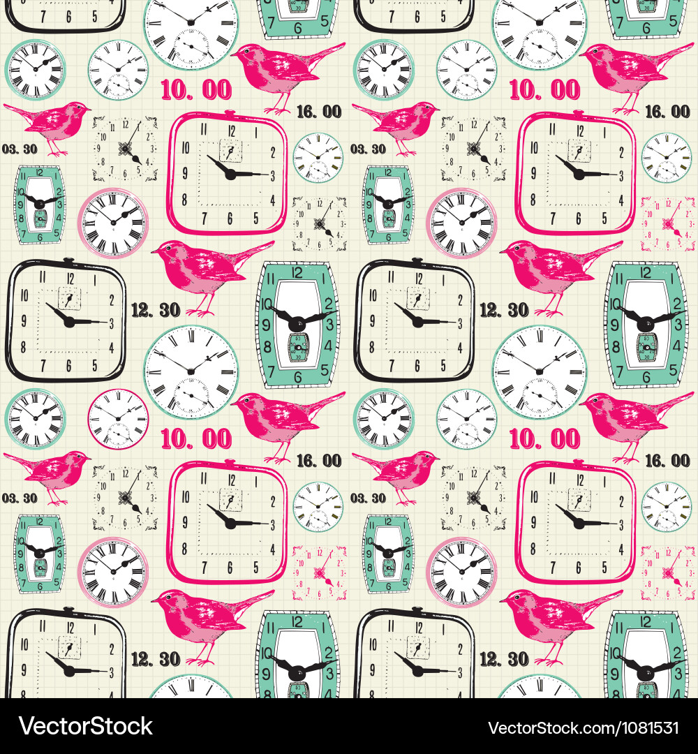Retro Bird Clocks Pattern vector image