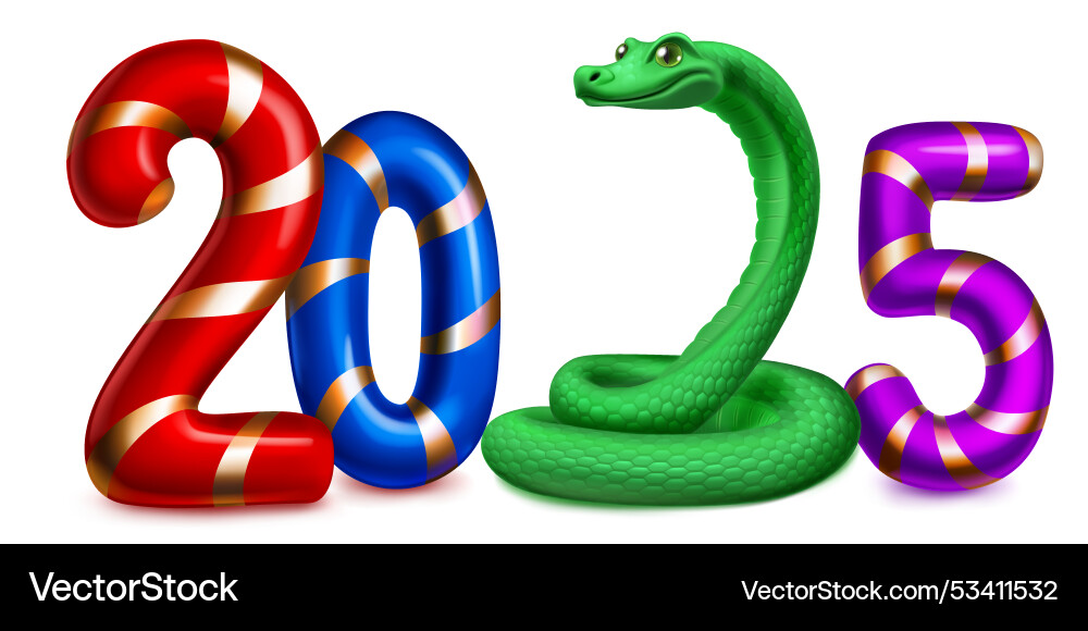 Colorful number 2025 and a green snake on white Colorful number 2025 and a green snake on white vector image