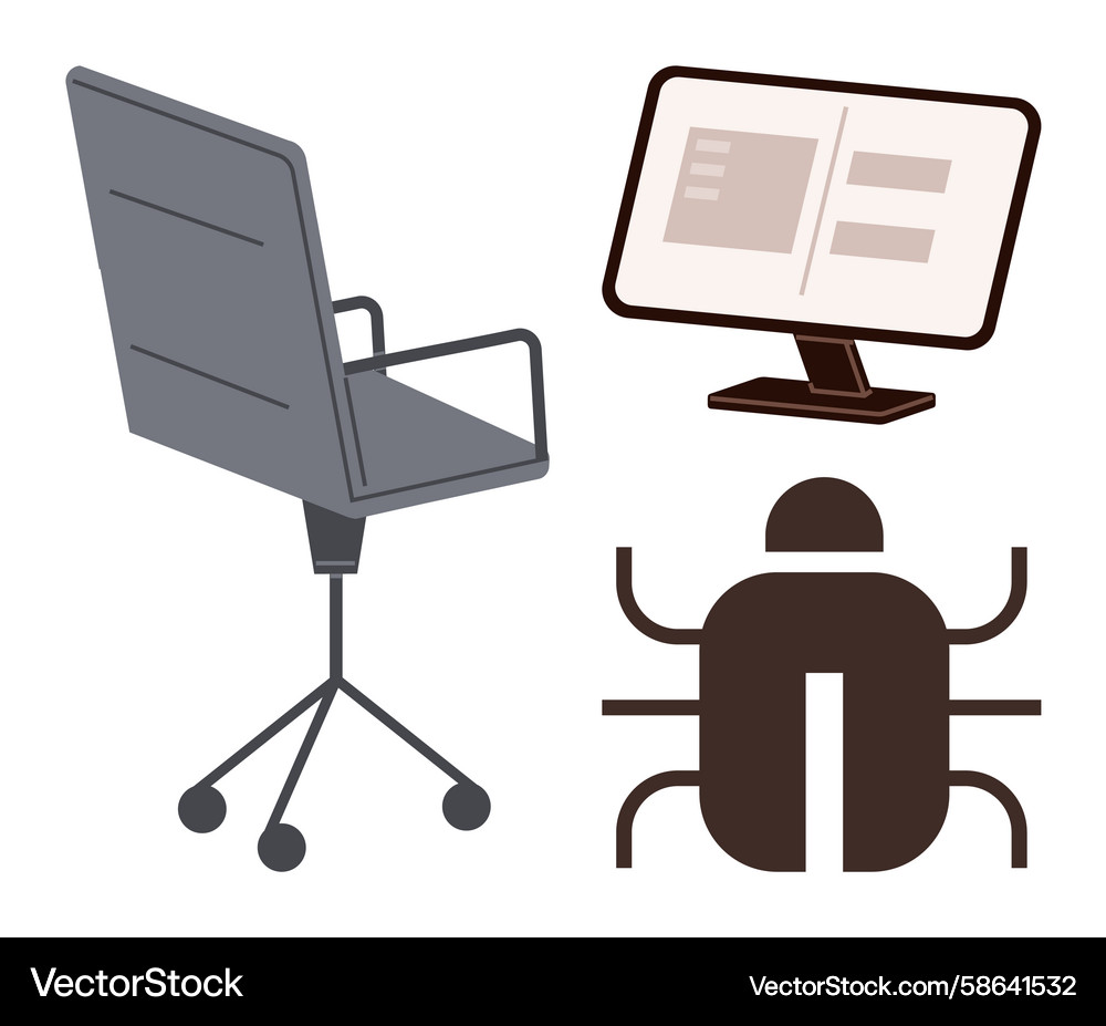 Office chair computer screen with ui and bug Vector Image
