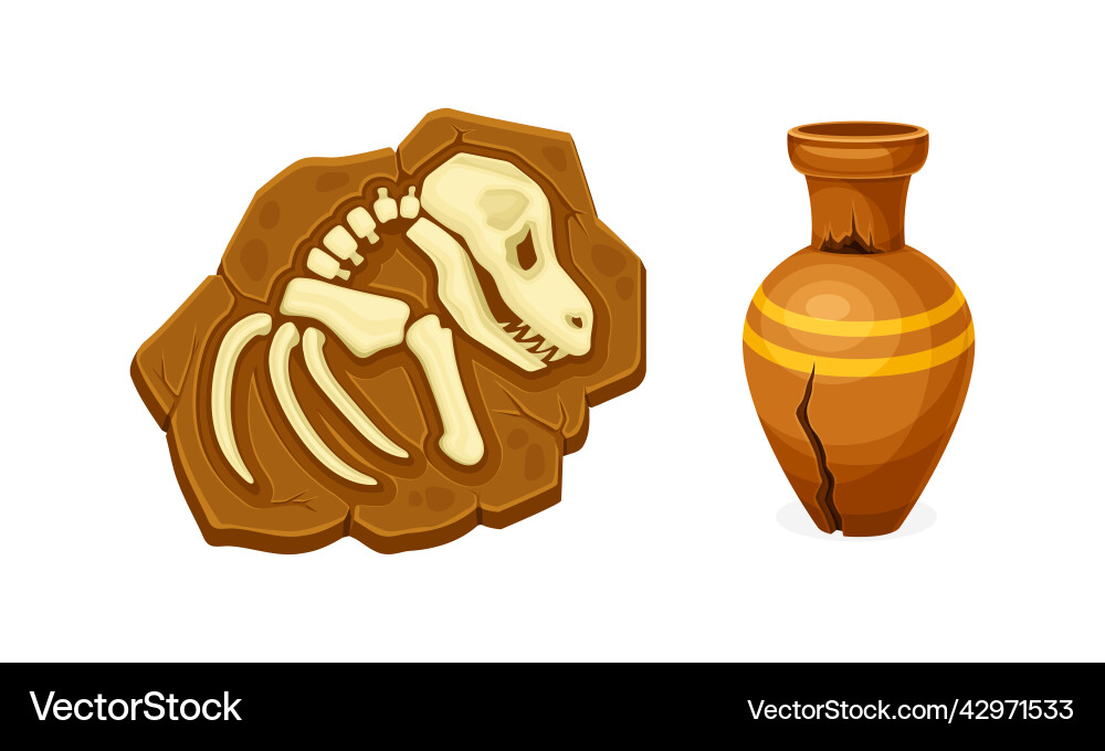 Ancient clay vase and dinosaur skeleton objects Vector Image