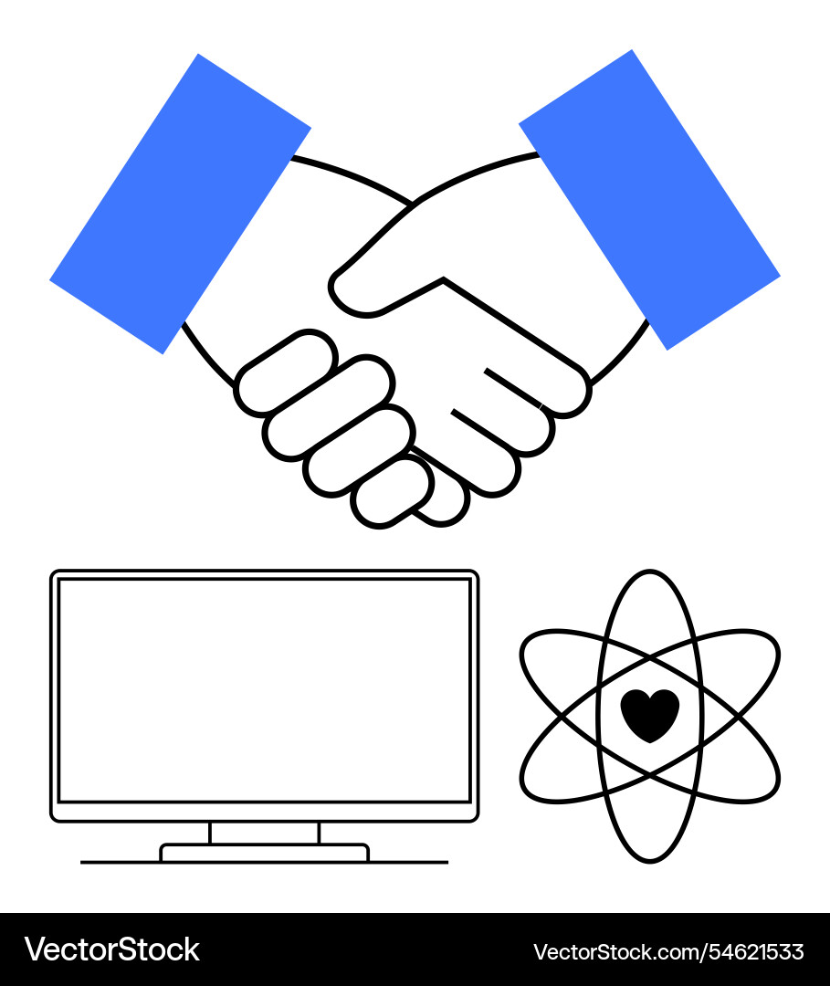 Handshake computer monitor and atomic heart Handshake computer monitor and atomic heart vector image