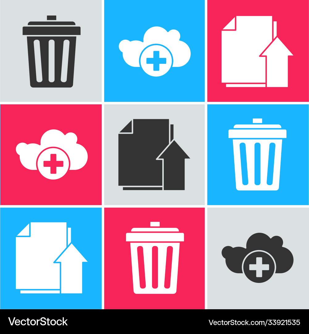 Set trash can add cloud and upload file document Set trash can add cloud and upload file document vector image
