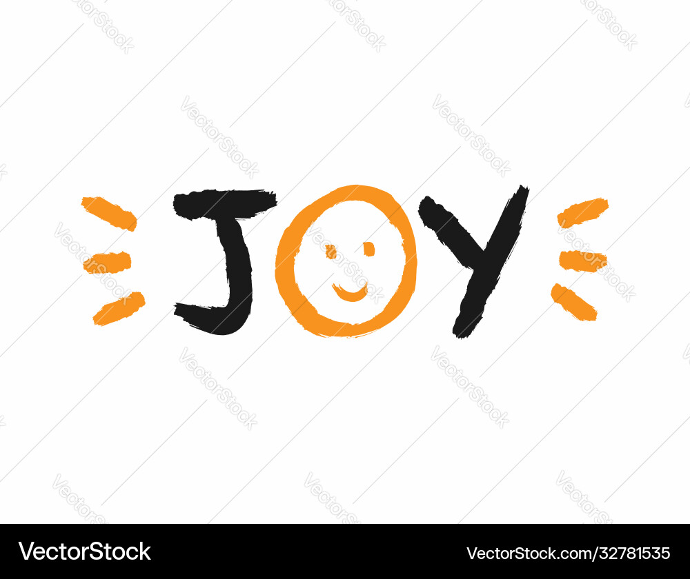 Text joy with a smiling face and splashes Text joy with a smiling face and splashes Vector Image