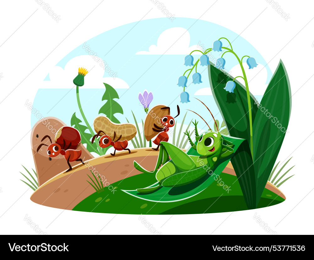 Cartoon ant characters with nuts and grasshopper Cartoon ant characters with nuts and grasshopper Vector Image