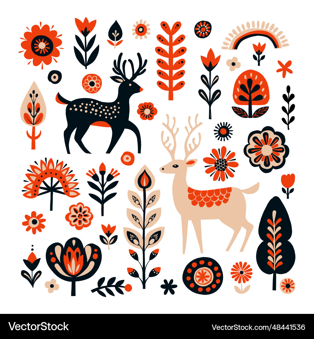 Scandinavian Floral Deer Pattern Vector Image
