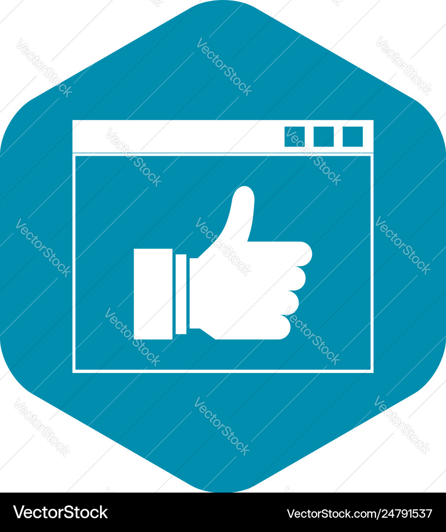 Hand with thumb up in browser icon simple style Hand with thumb up in browser icon simple style vector image