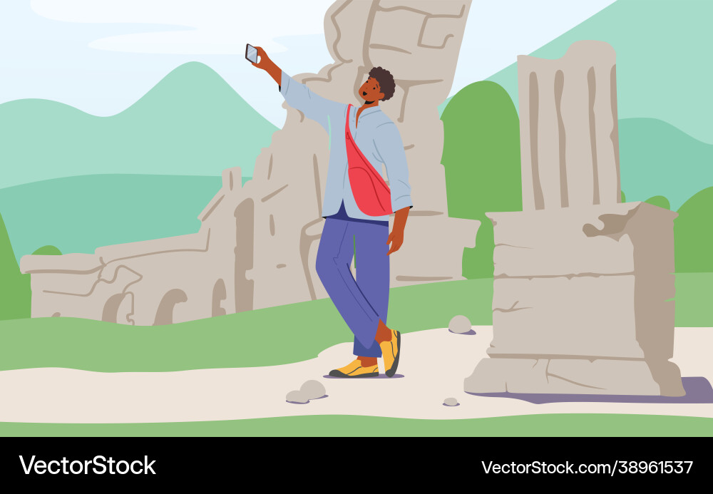 Junge Mann mit Rucksack machen Selfie Junge Mann mit Rucksack machen Selfie vektorbild