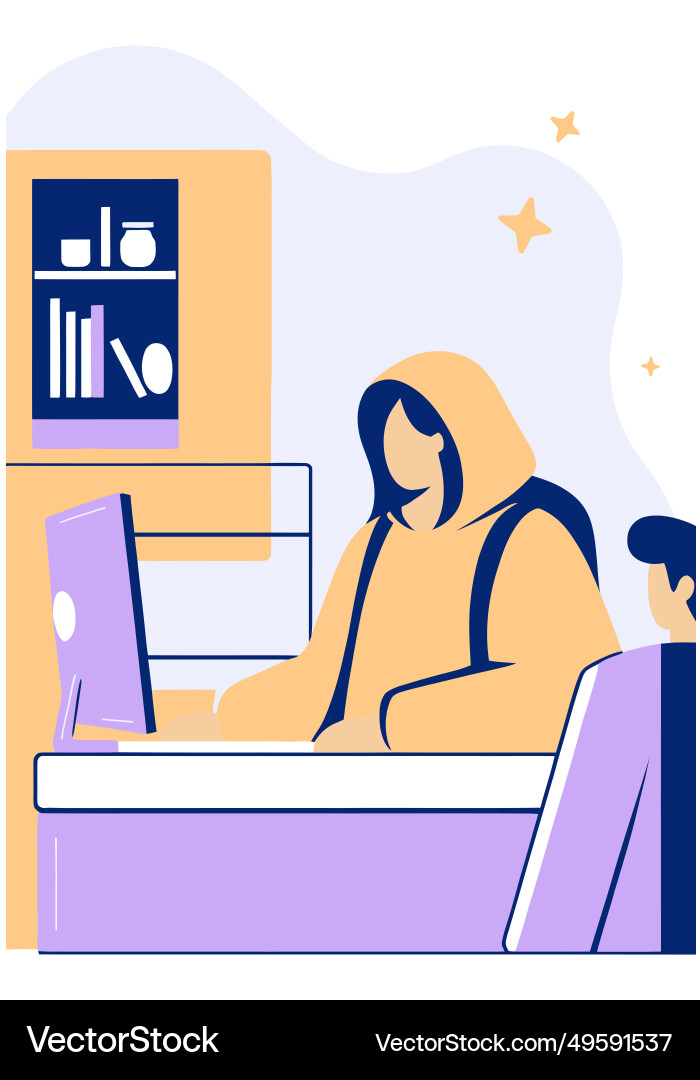 Man in a hoodie working at computer looking Vector Image