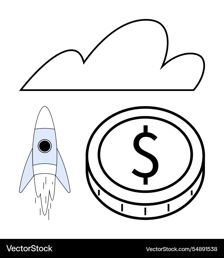 Cloud computing with rocket launch and dollar coin Cloud computing with rocket launch and dollar coin vector image