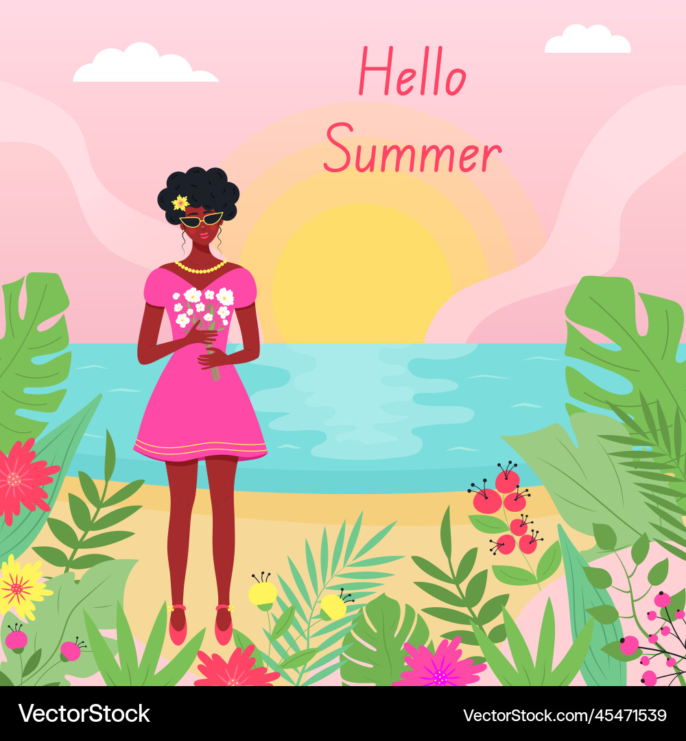 Afrikanische Mädchen mit Blumen - Sommer Szene Vektorbild