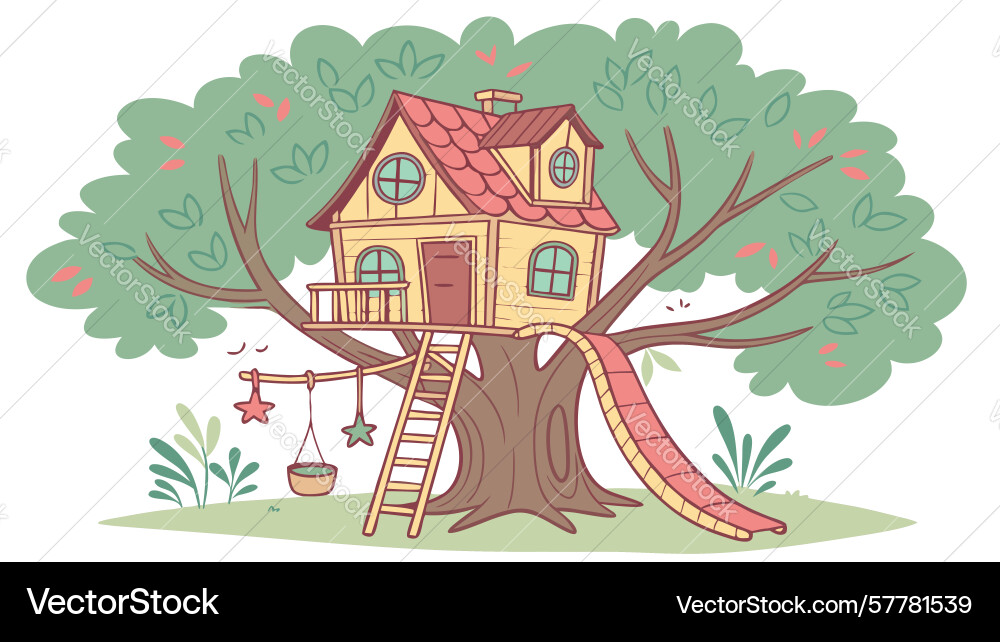 Fun treehouse with a slide and bright bunting Vector Image