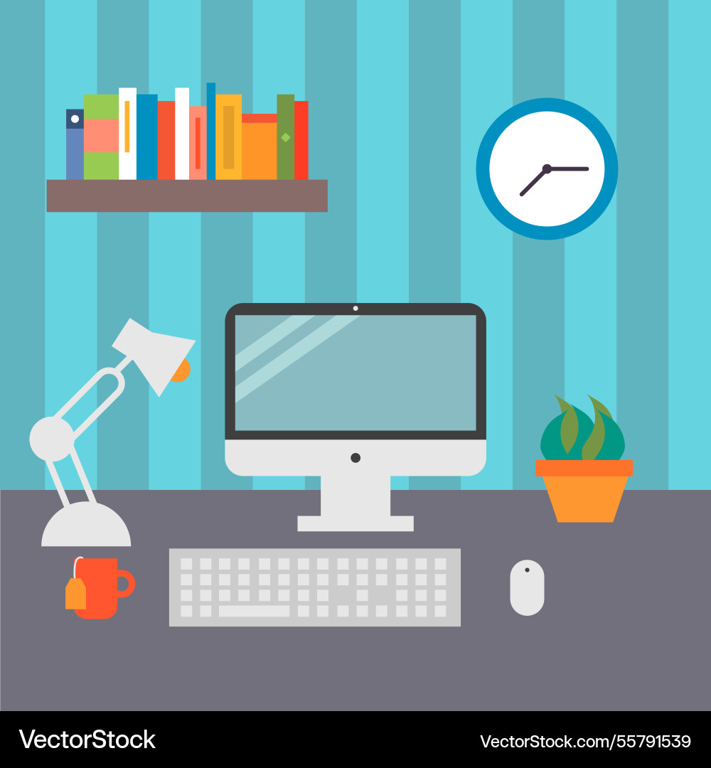 Office desk with computer keyboard and cactus pot Vector Image