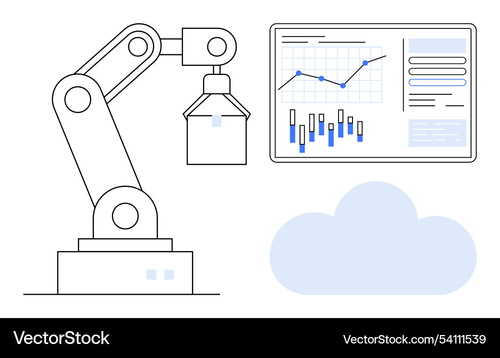 Roboterarm mit Datenanalyseanzeige und Cloud Roboterarm mit Datenanalyseanzeige und Cloud Vektorbild