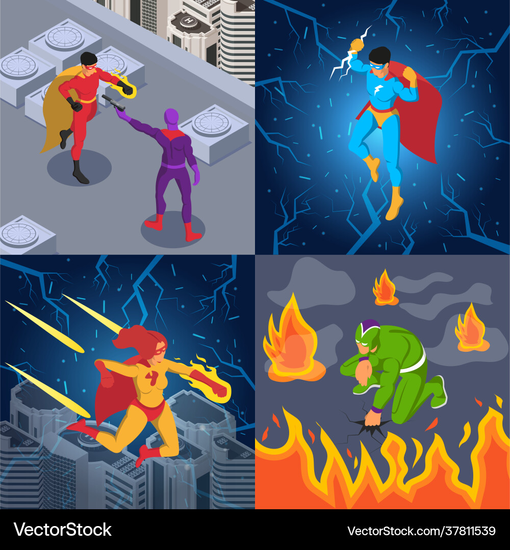 Superheroes supervillains isometric concept Superheroes supervillains isometric concept vector image