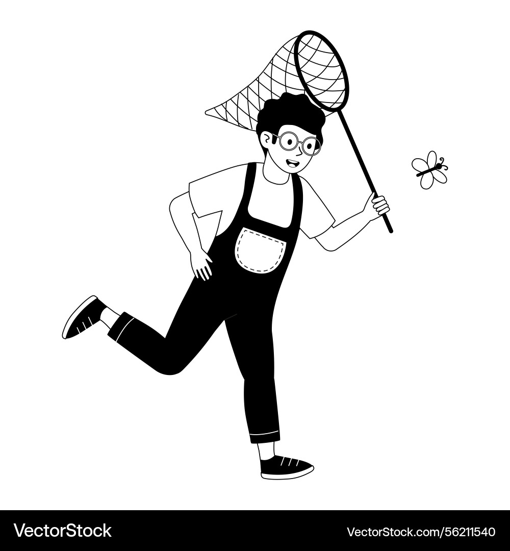 Child joyfully chasing a butterfly with net vector image