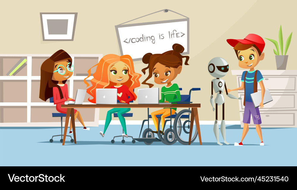 Children Studying in Classroom with Robot Vector Image
