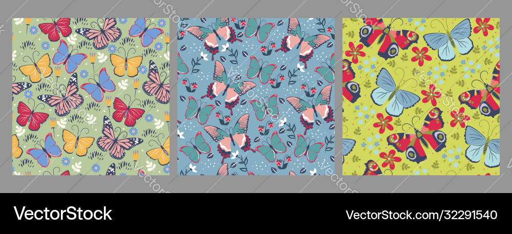 Collection seamless patterns with butterflies Collection seamless patterns with butterflies vector image